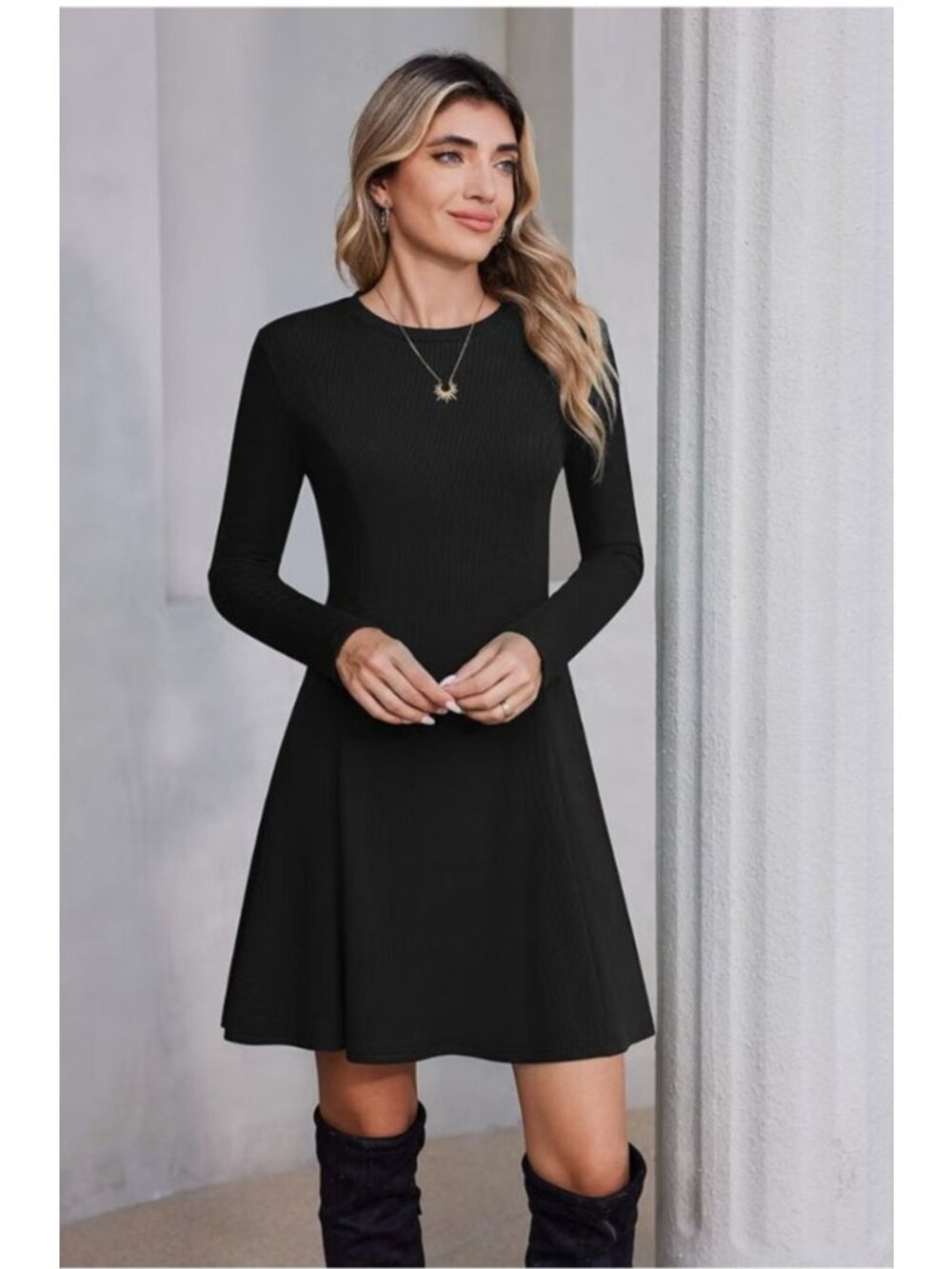 Pretty Garden Small Black Long Sleeve Crew Neck A-Line Dress Career Casual